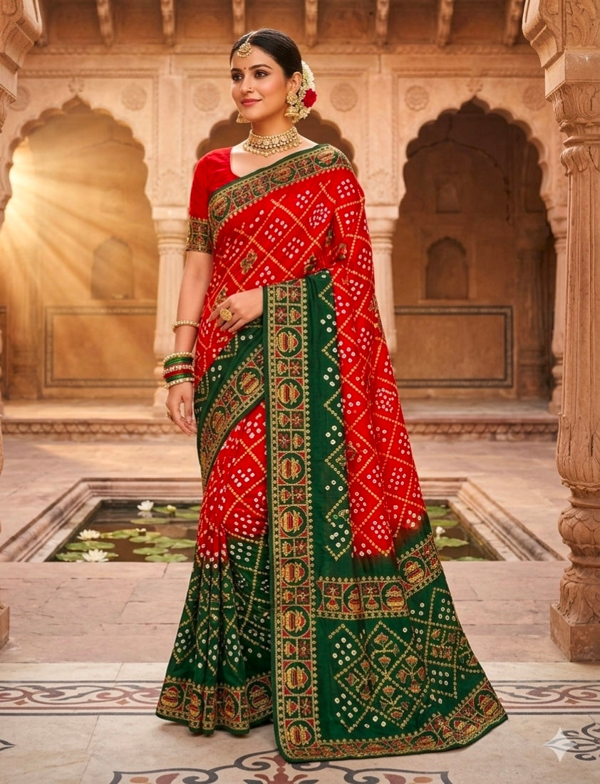 Orange Pure Gaji Silk Original Bandhani With Gota Embroidery Work Bandhej Saree