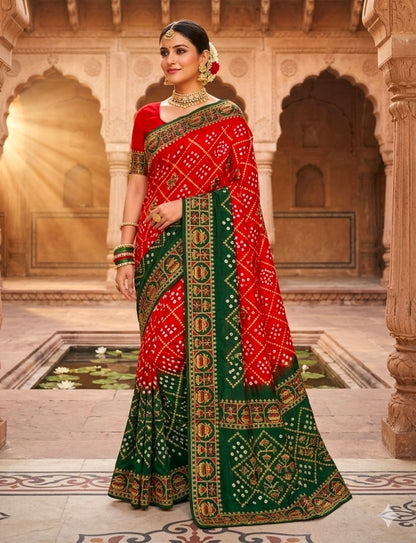 Orange Pure Gaji Silk Original Bandhani With Gota Embroidery Work Bandhej Saree