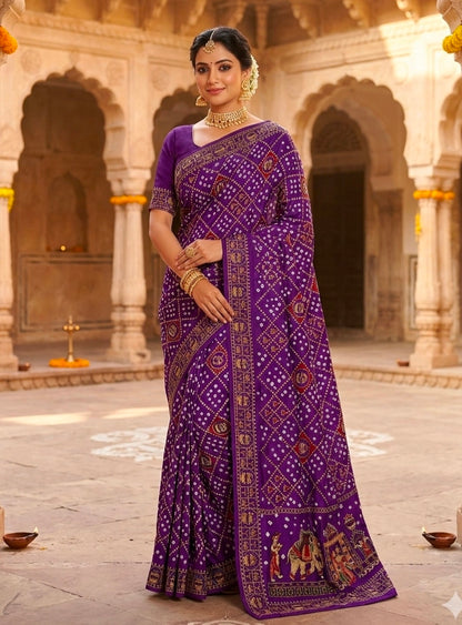 Purple Pure Gaji Silk Original Bandhani With Gota Embroidery Work Bandhej Saree