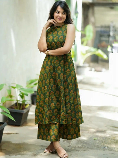 Green Pure Soft Rayon Printed Kurti Pant Dupatta Set
