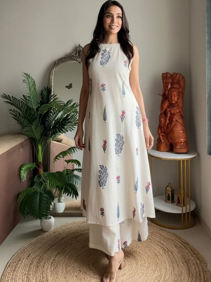White Pure Soft Rayon Printed Kurti Pant Dupatta Set