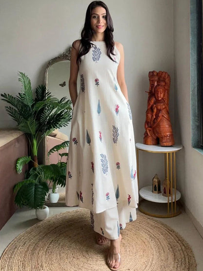 White Pure Soft Rayon Printed Kurti Pant Dupatta Set