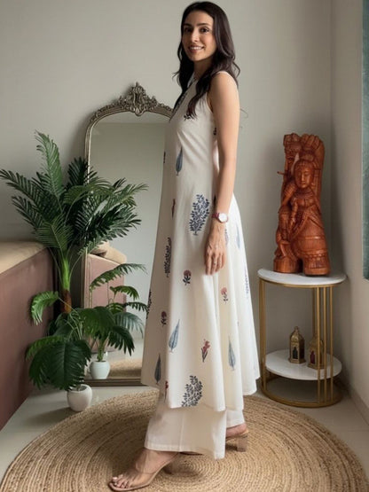 White Pure Soft Rayon Printed Kurti Pant Dupatta Set