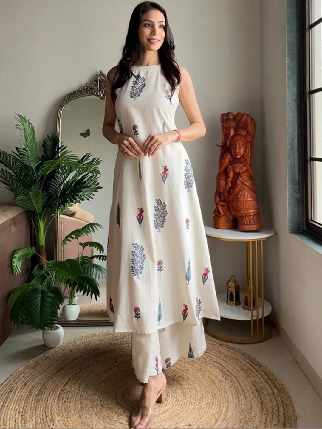 White Pure Soft Rayon Printed Kurti Pant Dupatta Set