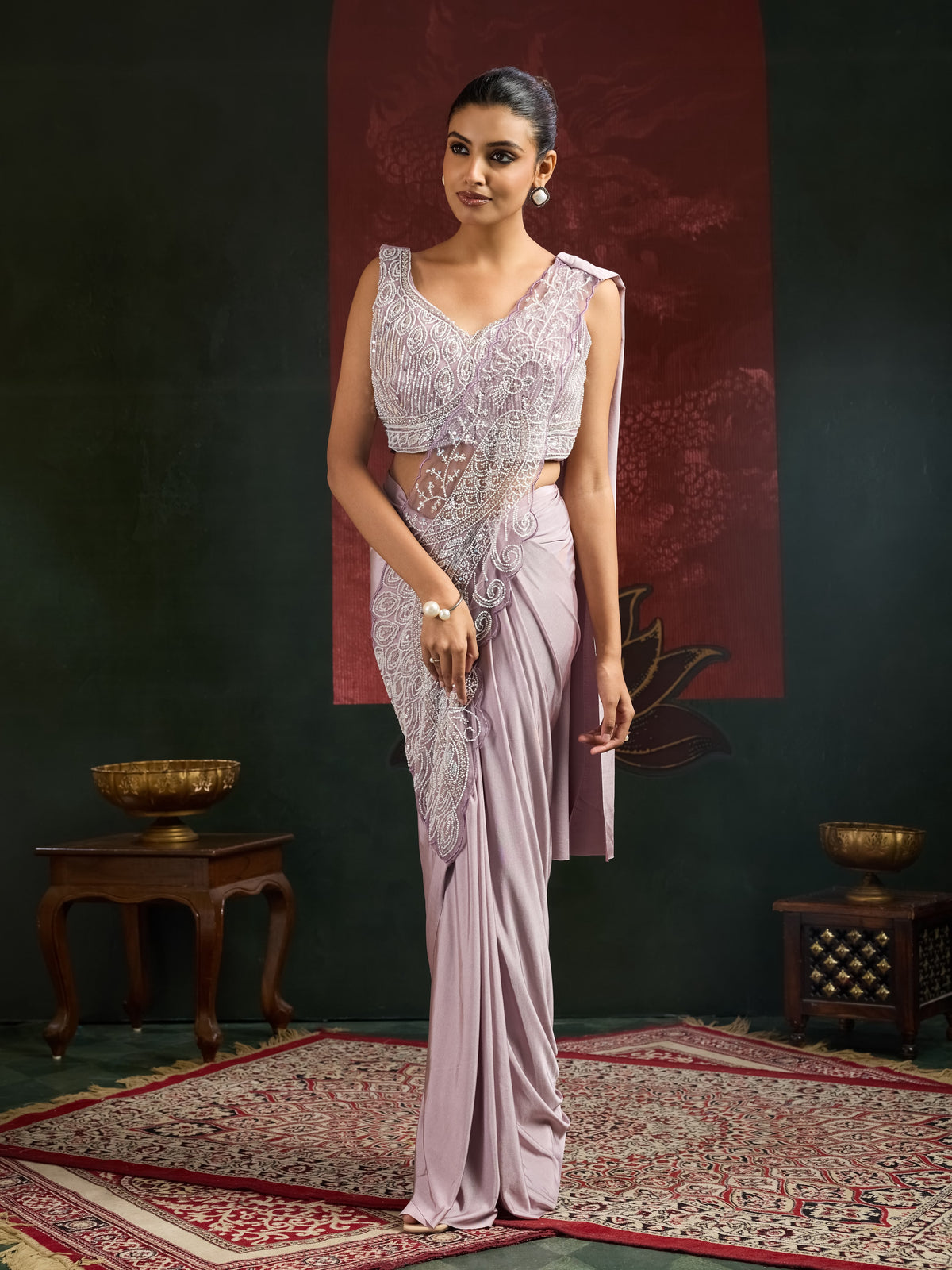 Lavender Pure Imported Lycra Silk Ready to Wear Saree