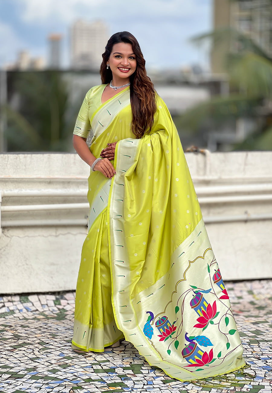 Green Pastel Zari Woven Peacock Lotus Paithani Silk Saree