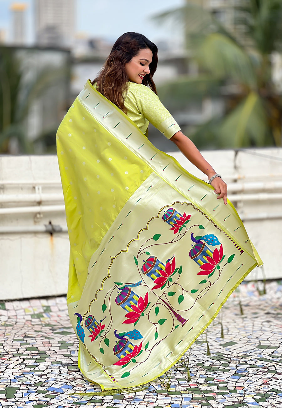 Green Pastel Zari Woven Peacock Lotus Paithani Silk Saree
