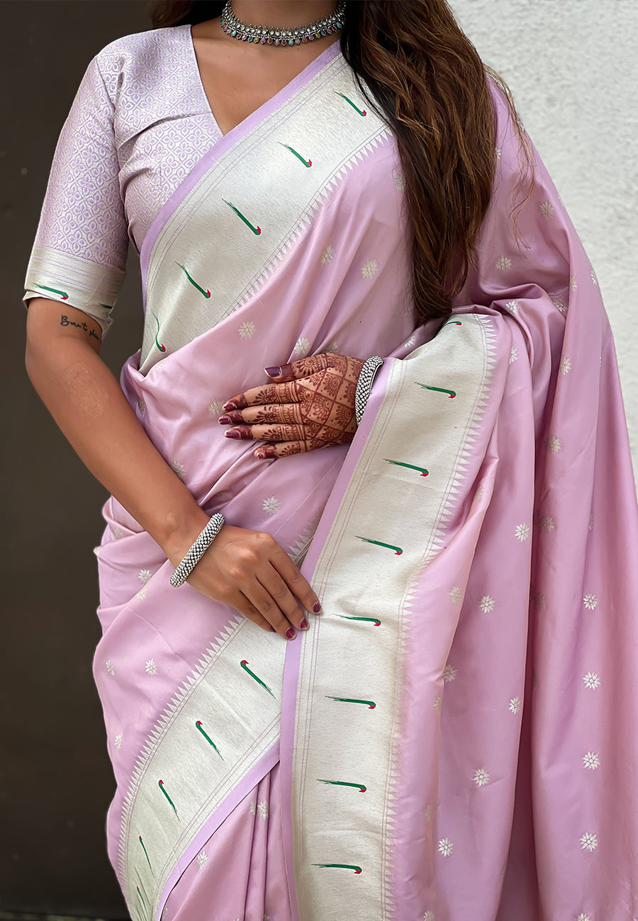 Lavender Pastel Zari Woven Peacock Lotus Paithani Silk Saree
