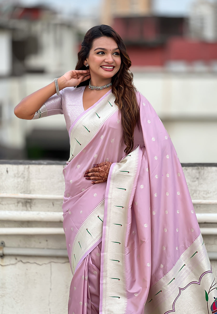 Lavender Pastel Zari Woven Peacock Lotus Paithani Silk Saree