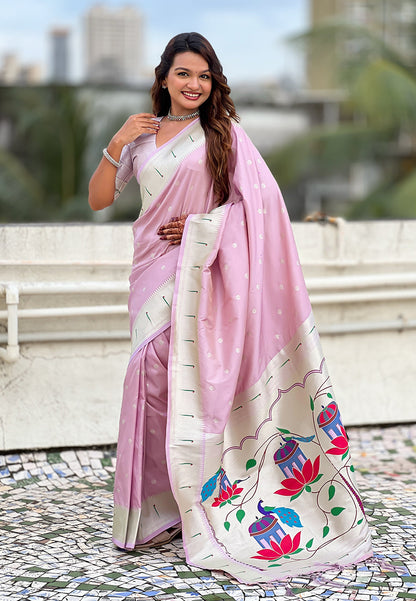 Lavender Pastel Zari Woven Peacock Lotus Paithani Silk Saree Paithani Saree Anant Tex Exports Pvt.Ltd..