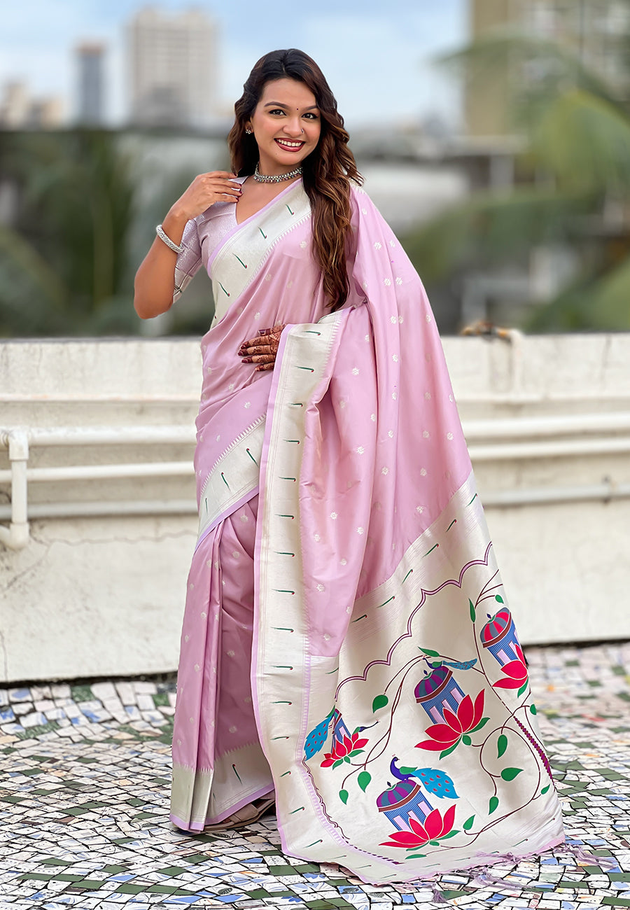 Lavender Pastel Zari Woven Peacock Lotus Paithani Silk Saree