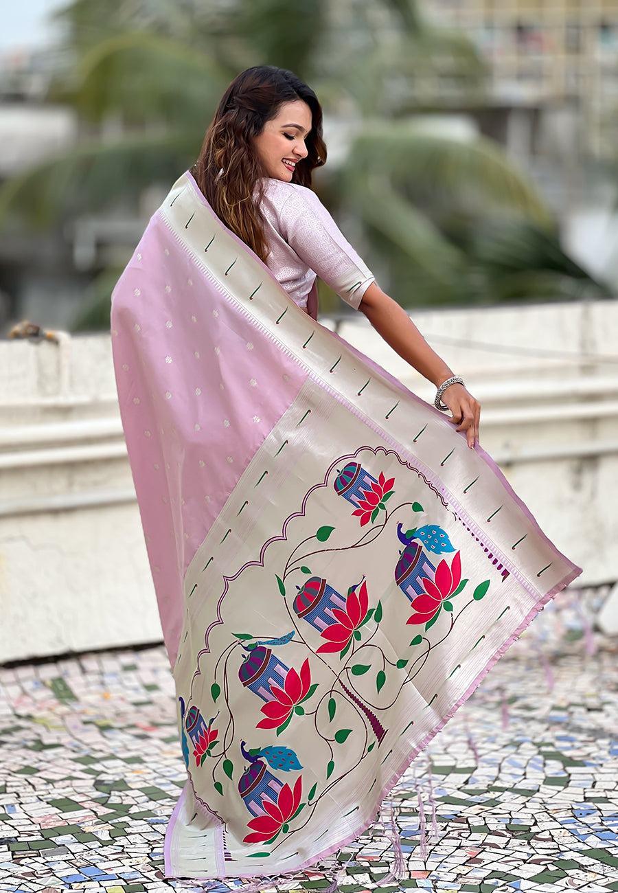 Lavender Pastel Zari Woven Peacock Lotus Paithani Silk Saree