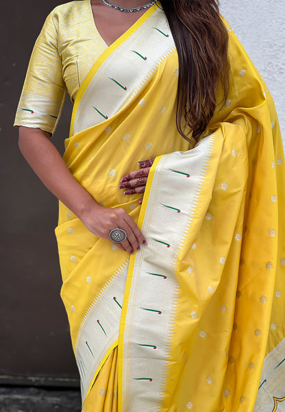 Yellow Pastel Zari Woven Peacock Lotus Paithani Silk Saree Paithani Saree Anant Tex Exports Pvt.Ltd..