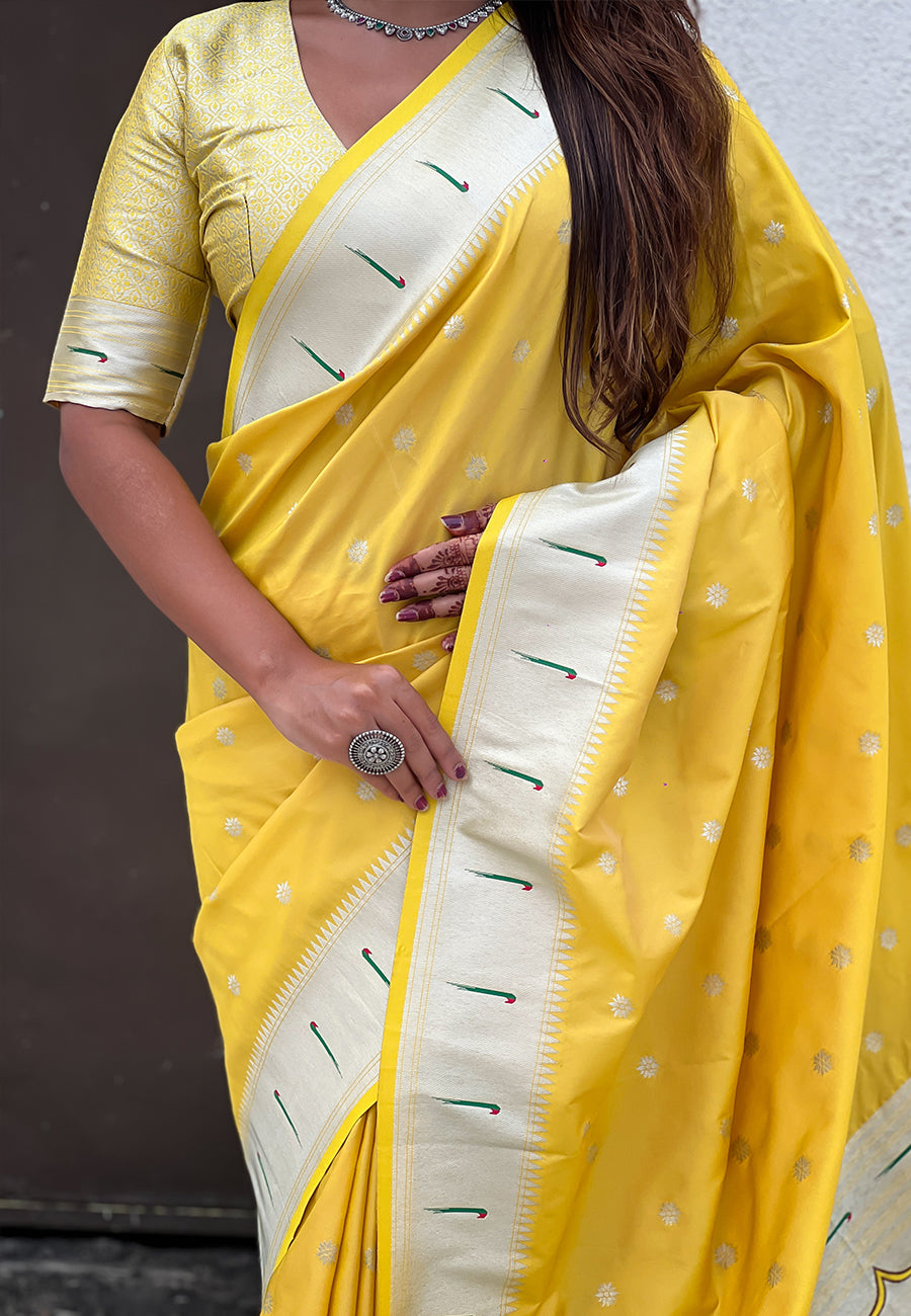 Yellow Pastel Zari Woven Peacock Lotus Paithani Silk Saree