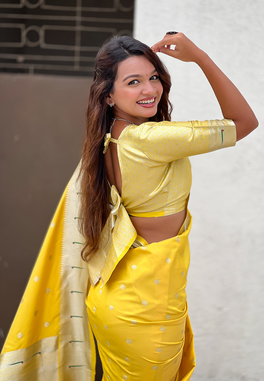 Yellow Pastel Zari Woven Peacock Lotus Paithani Silk Saree