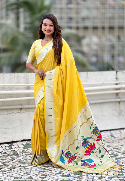 Yellow Pastel Zari Woven Peacock Lotus Paithani Silk Saree Paithani Saree Anant Tex Exports Pvt.Ltd..