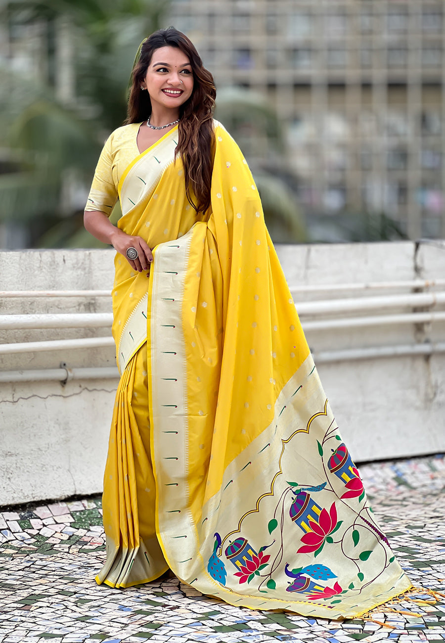 Yellow Pastel Zari Woven Peacock Lotus Paithani Silk Saree