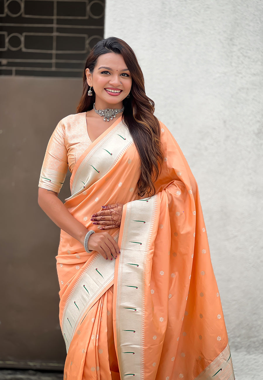 Peach Pastel Zari Woven Peacock Lotus Paithani Silk Saree Paithani Saree Anant Tex Exports Pvt.Ltd..