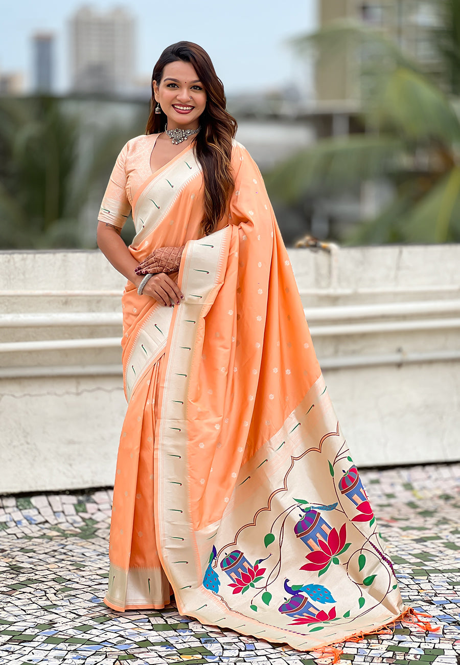 Peach Pastel Zari Woven Peacock Lotus Paithani Silk Saree