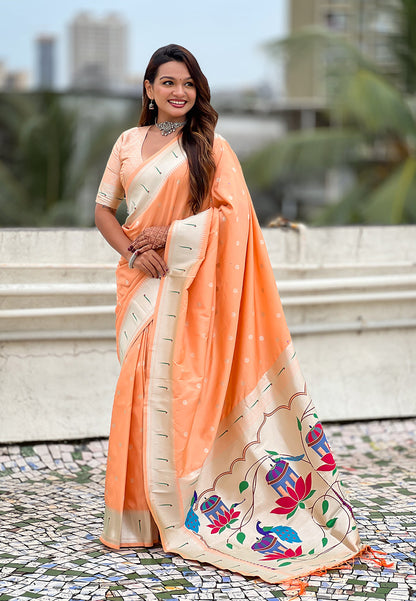 Peach Pastel Zari Woven Peacock Lotus Paithani Silk Saree Paithani Saree Anant Tex Exports Pvt.Ltd..