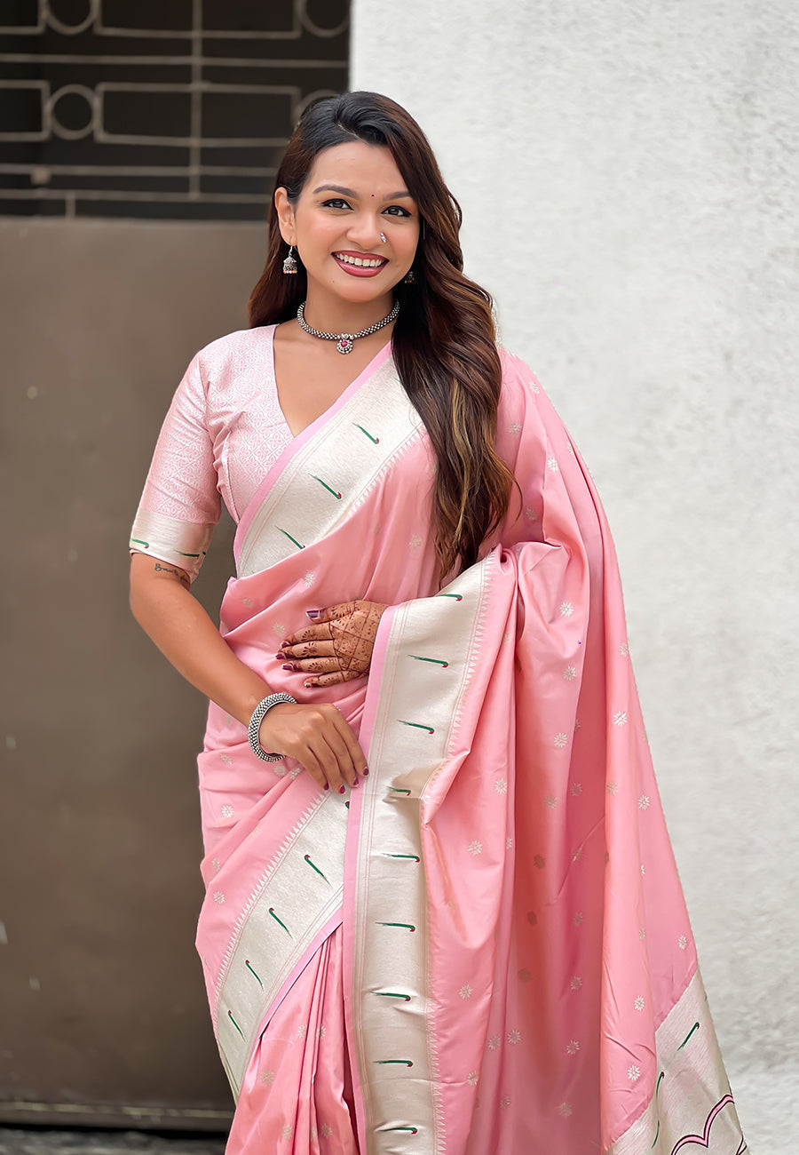 Baby Pink Pastel Zari Woven Peacock Lotus Paithani Silk Saree Paithani Saree Anant Tex Exports Pvt.Ltd..