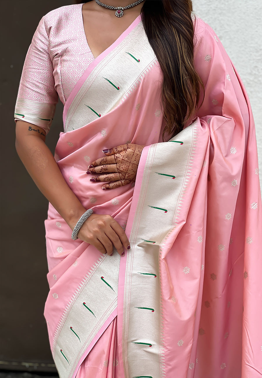 Baby Pink Pastel Zari Woven Peacock Lotus Paithani Silk Saree Paithani Saree Anant Tex Exports Pvt.Ltd..
