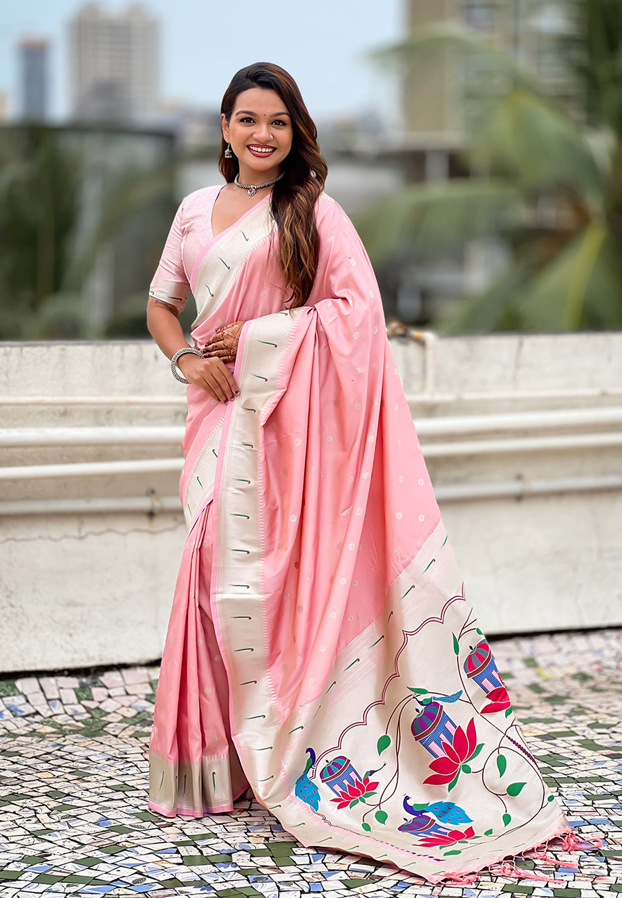 Baby Pink Pastel Zari Woven Peacock Lotus Paithani Silk Saree Paithani Saree Anant Tex Exports Pvt.Ltd..