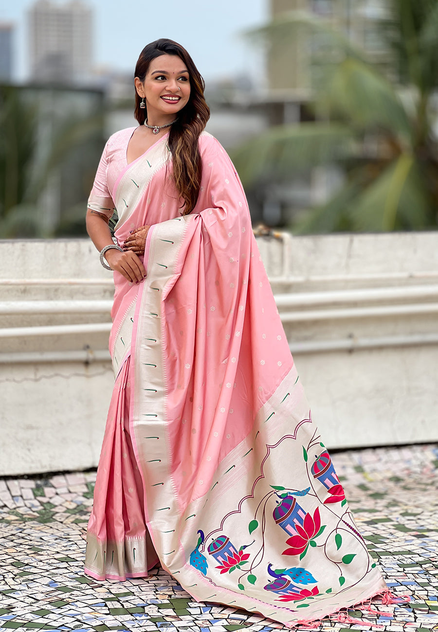 Baby Pink Pastel Zari Woven Peacock Lotus Paithani Silk Saree Paithani Saree Anant Tex Exports Pvt.Ltd..