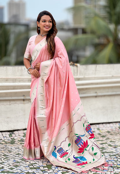 Baby Pink Pastel Zari Woven Peacock Lotus Paithani Silk Saree Paithani Saree Anant Tex Exports Pvt.Ltd..