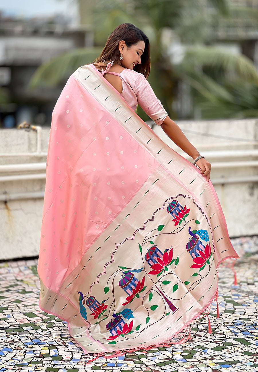 Baby Pink Pastel Zari Woven Peacock Lotus Paithani Silk Saree Paithani Saree Anant Tex Exports Pvt.Ltd..