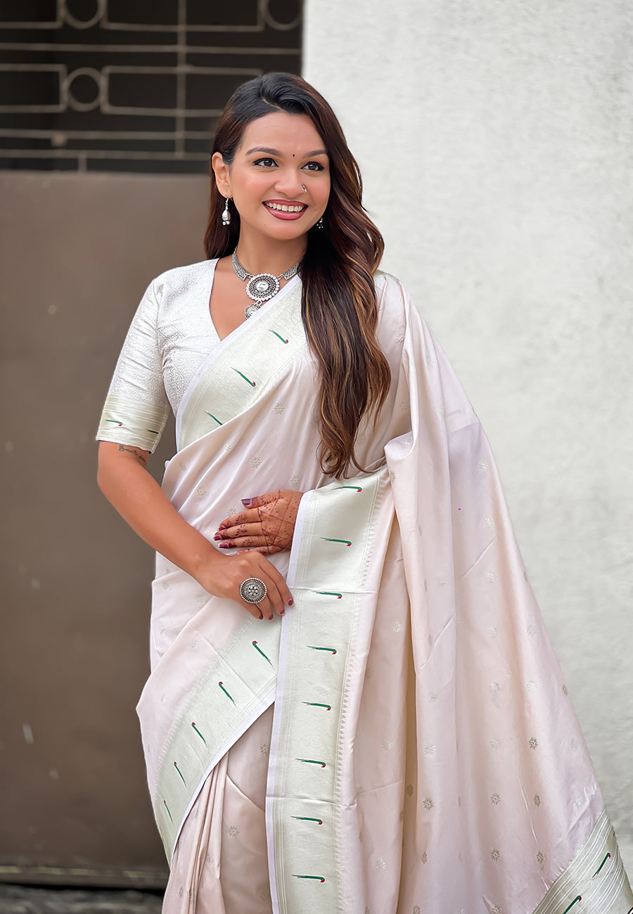 Pearl White Pastel Zari Woven Peacock Lotus Paithani Silk Saree