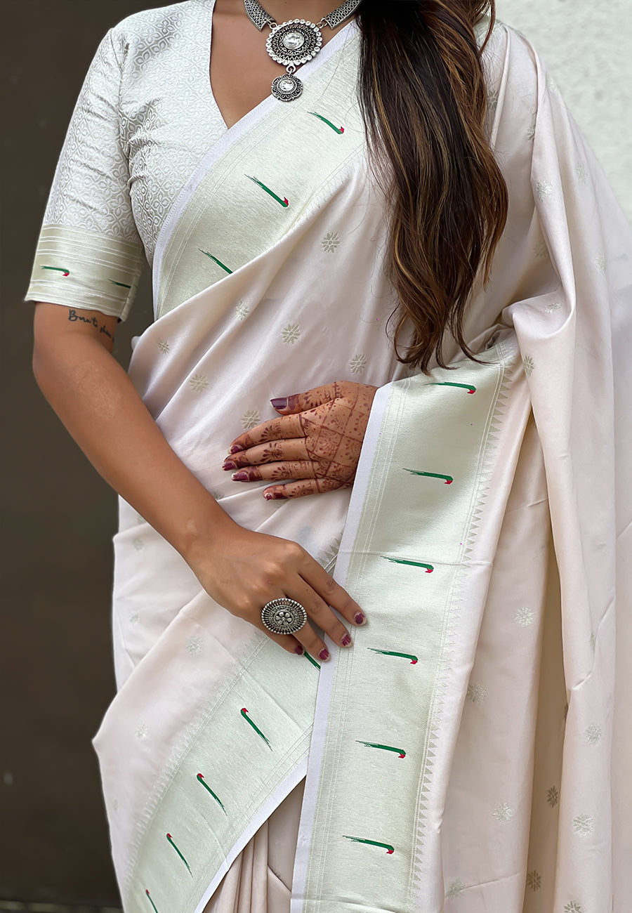 Pearl White Pastel Zari Woven Peacock Lotus Paithani Silk Saree