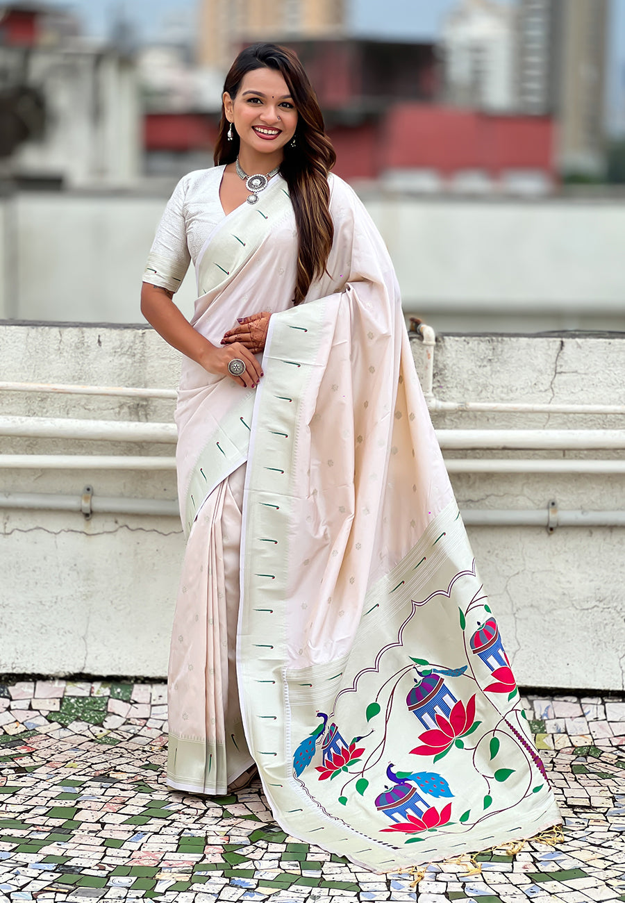 Pearl White Pastel Zari Woven Peacock Lotus Paithani Silk Saree