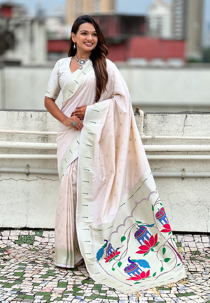 Pearl White Pastel Zari Woven Peacock Lotus Paithani Silk Saree Paithani Saree Anant Tex Exports Pvt.Ltd..