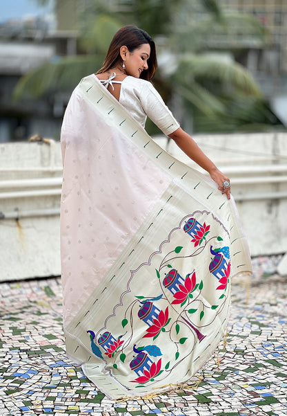 Pearl White Pastel Zari Woven Peacock Lotus Paithani Silk Saree Paithani Saree Anant Tex Exports Pvt.Ltd..