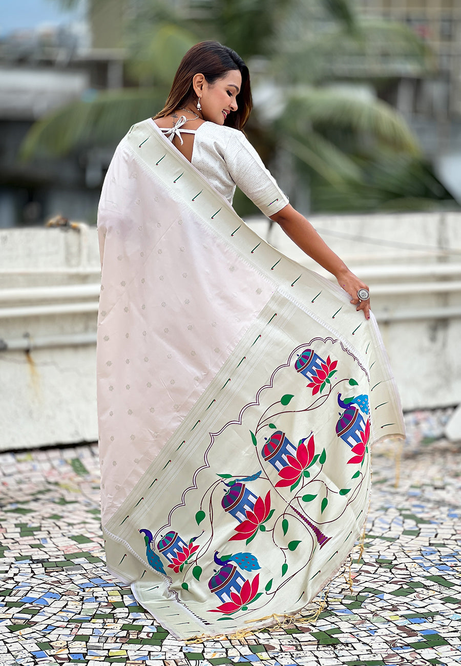 Pearl White Pastel Zari Woven Peacock Lotus Paithani Silk Saree
