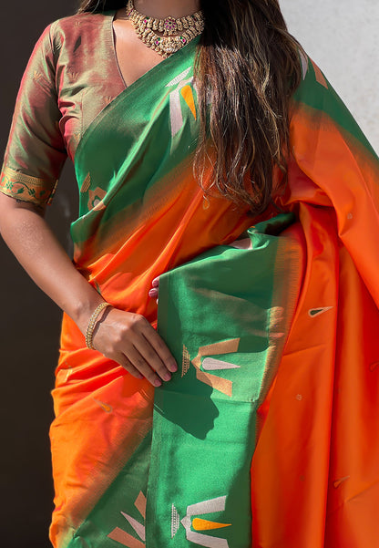 Orange South Traditional Tilak Contrast Soft Silk Zari Woven Saree Soft Silk Saree Anant Tex Exports Pvt.Ltd..