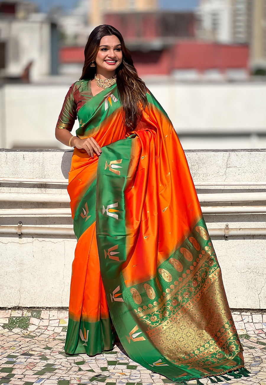 Orange South Traditional Tilak Contrast Soft Silk Zari Woven Saree Soft Silk Saree Anant Tex Exports Pvt.Ltd..