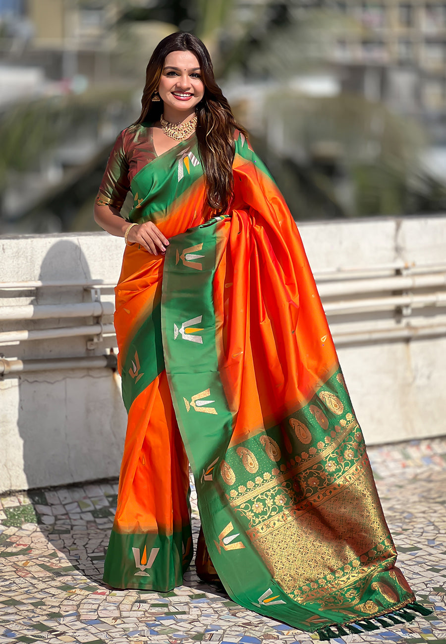 Orange South Traditional Tilak Contrast Soft Silk Zari Woven Saree Soft Silk Saree Anant Tex Exports Pvt.Ltd..
