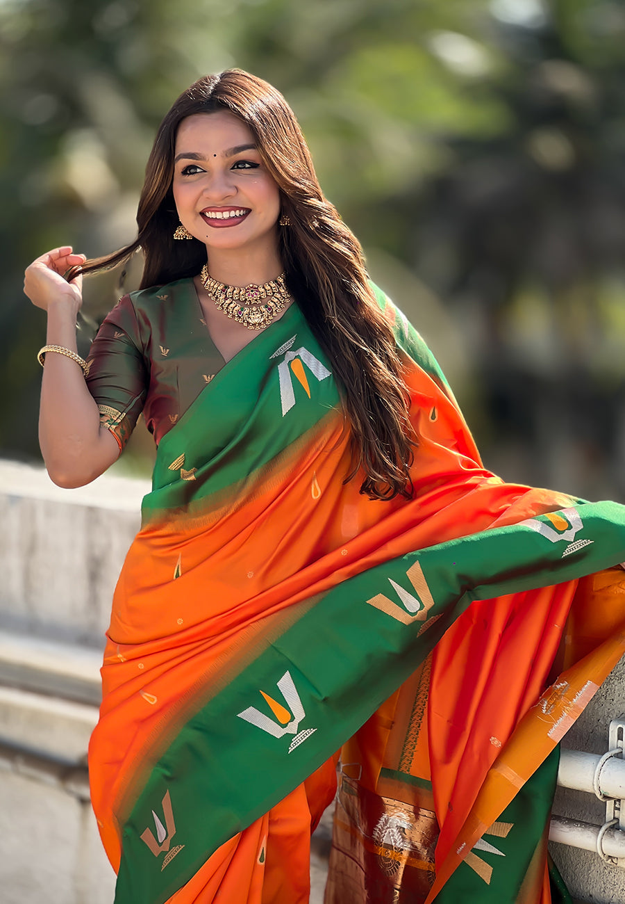 Orange South Traditional Tilak Contrast Soft Silk Zari Woven Saree Soft Silk Saree Anant Tex Exports Pvt.Ltd..