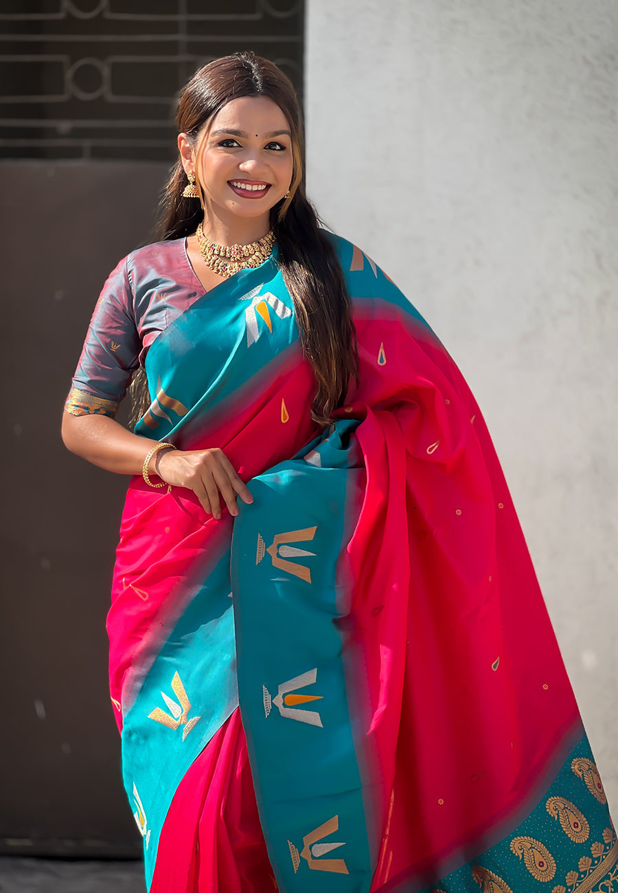Pink South Traditional Tilak Contrast Soft Silk Zari Woven Saree Soft Silk Saree Anant Tex Exports Pvt.Ltd..