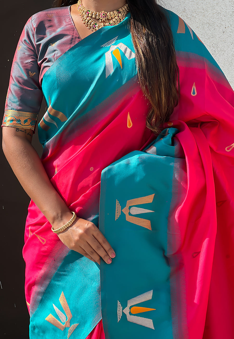 Pink South Traditional Tilak Contrast Soft Silk Zari Woven Saree Soft Silk Saree Anant Tex Exports Pvt.Ltd..