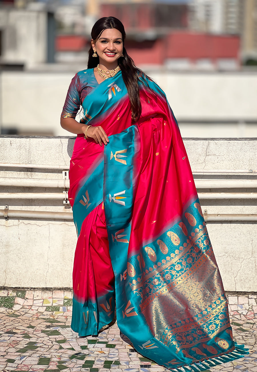 Pink South Traditional Tilak Contrast Soft Silk Zari Woven Saree Soft Silk Saree Anant Tex Exports Pvt.Ltd..