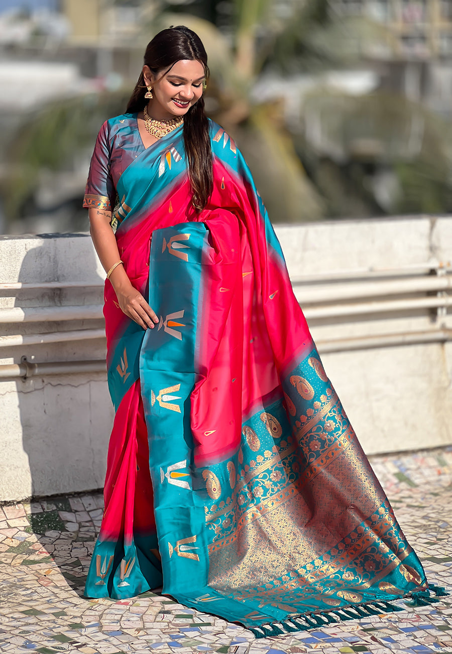Pink South Traditional Tilak Contrast Soft Silk Zari Woven Saree Soft Silk Saree Anant Tex Exports Pvt.Ltd..