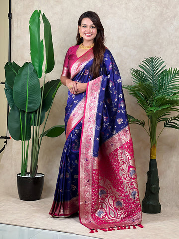 Violet Green Banarasi Jaal Zari Woven Silk Banarasi Saree