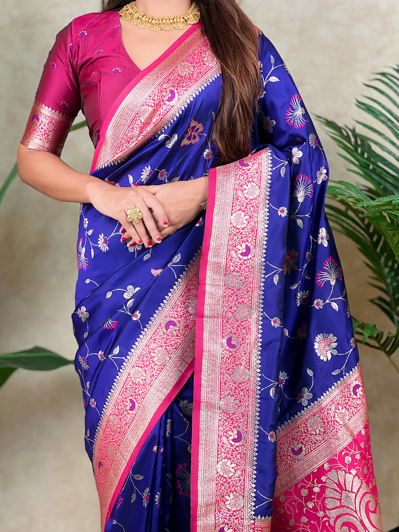 Violet Green Banarasi Jaal Zari Woven Silk Banarasi Saree