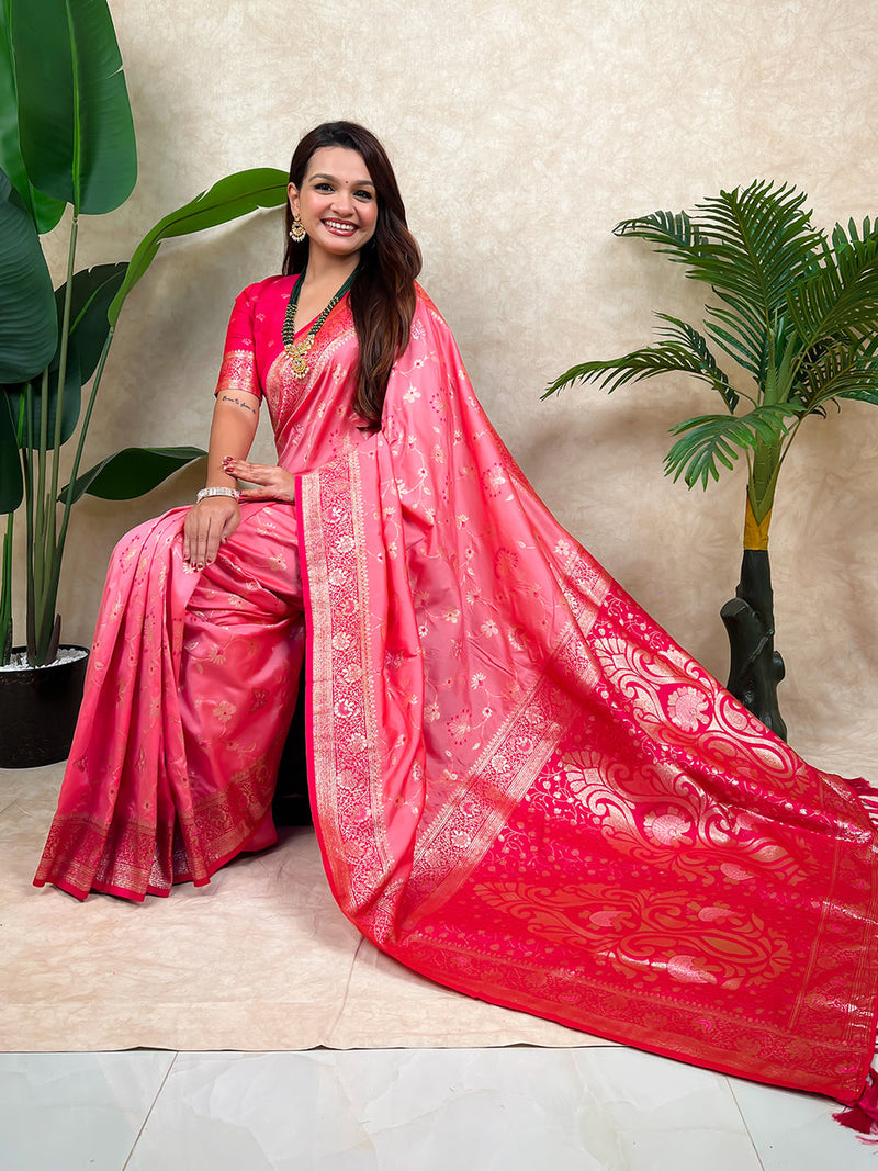 Baby Pink Banarasi Jaal Zari Woven Silk Saree