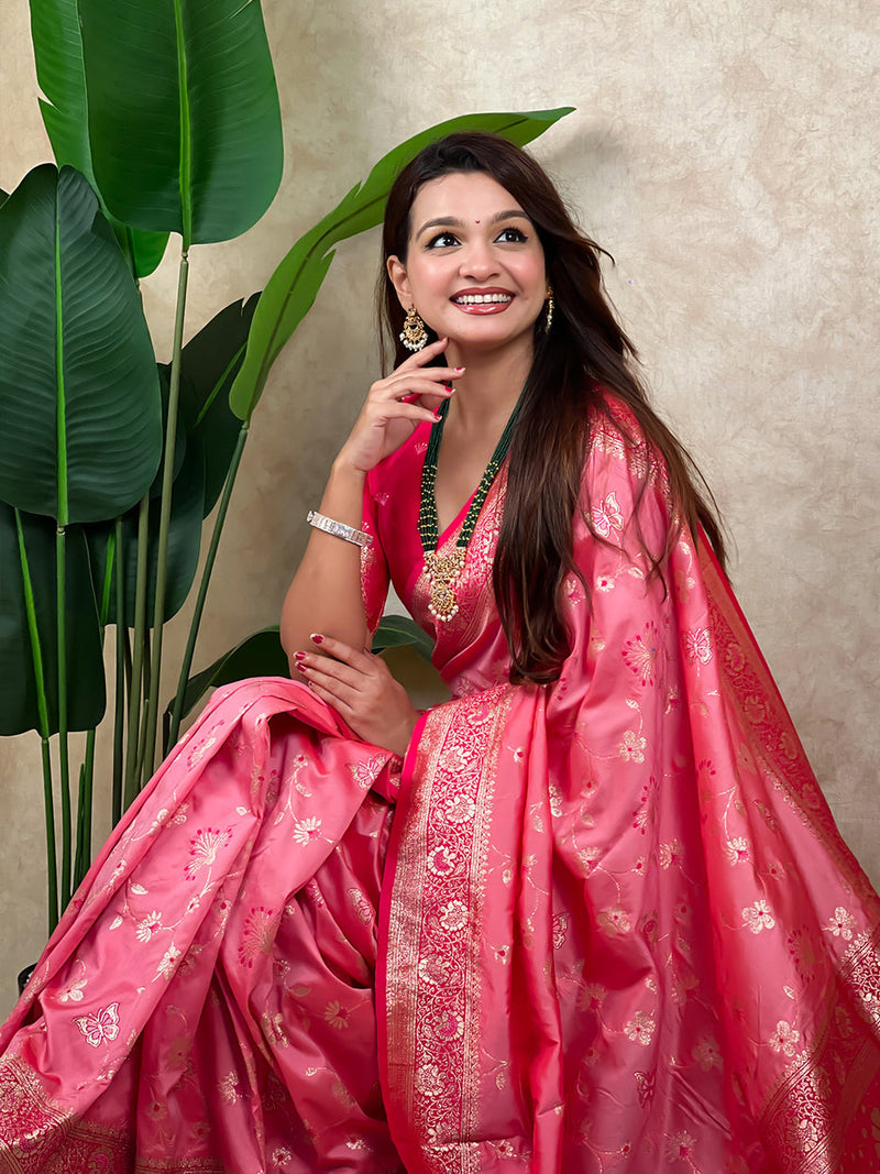Baby Pink Banarasi Jaal Zari Woven Silk Saree