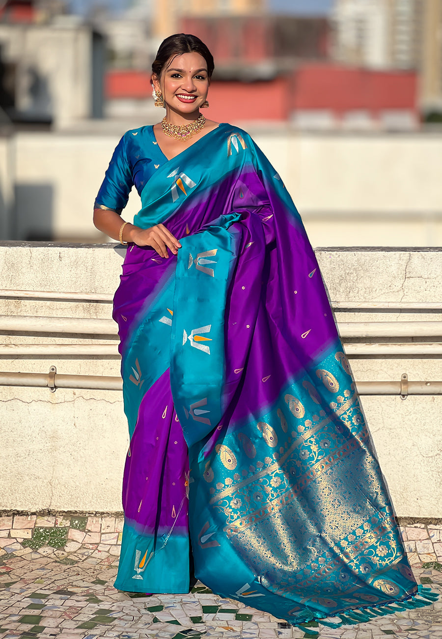 Purple South Traditional Tilak Contrast Soft Silk Zari Woven Saree Soft Silk Saree Anant Tex Exports Pvt.Ltd..