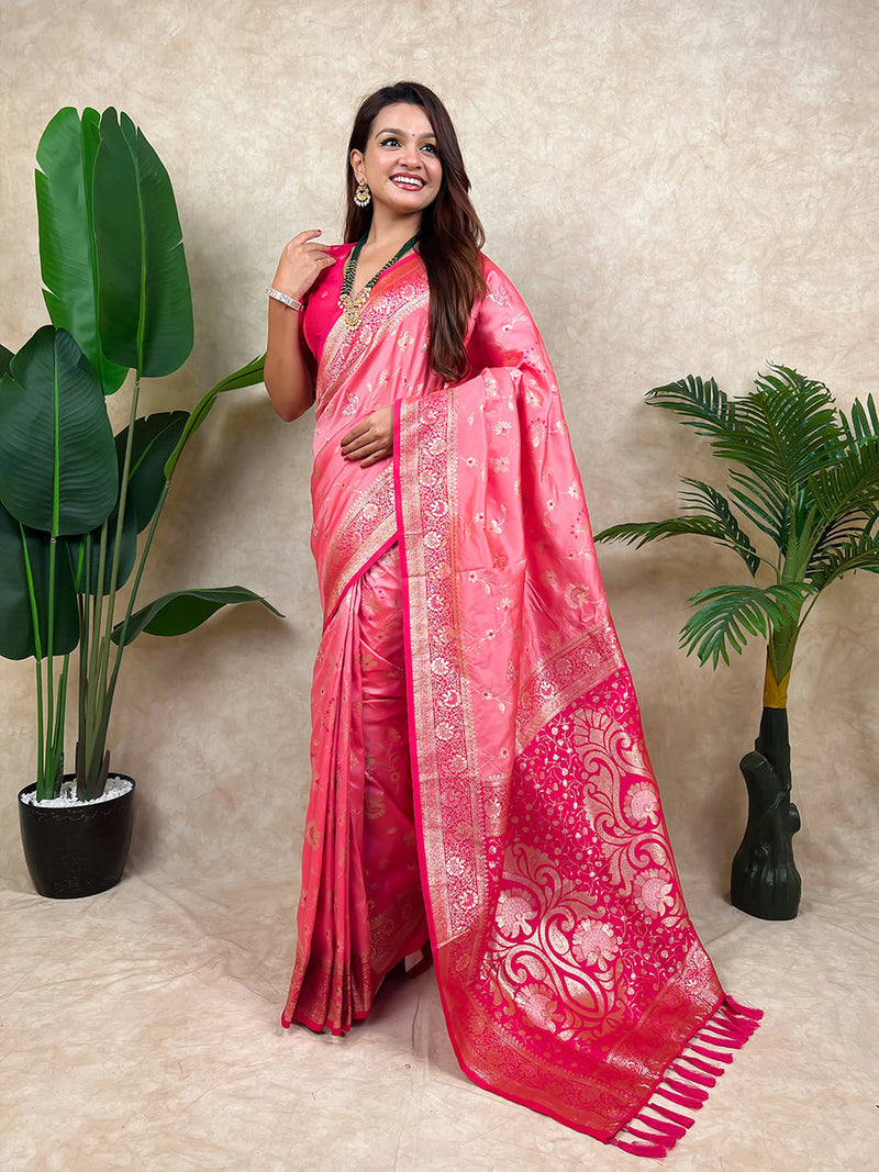 Baby Pink Banarasi Jaal Zari Woven Silk Saree